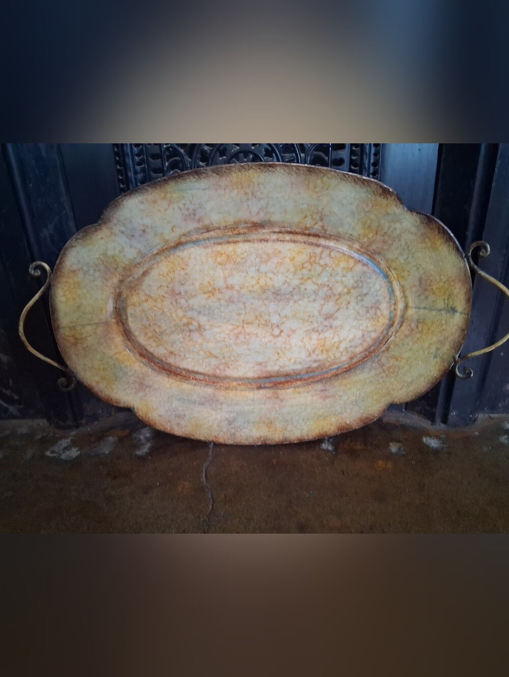 Rustic Oval Metal Serving Tray with Handles - Yellowed Patina